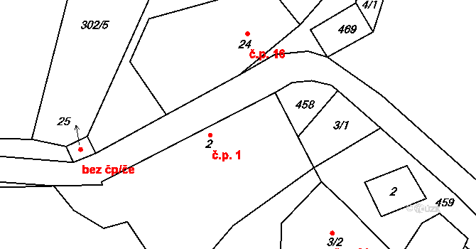 Čtyři Dvory 1, Prosetín na parcele st. 2 v KÚ Čtyři Dvory, Katastrální mapa