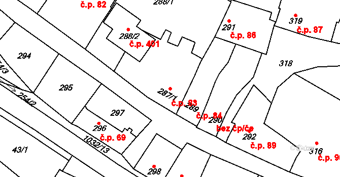 Holubice 83 na parcele st. 287/1 v KÚ Holubice, Katastrální mapa