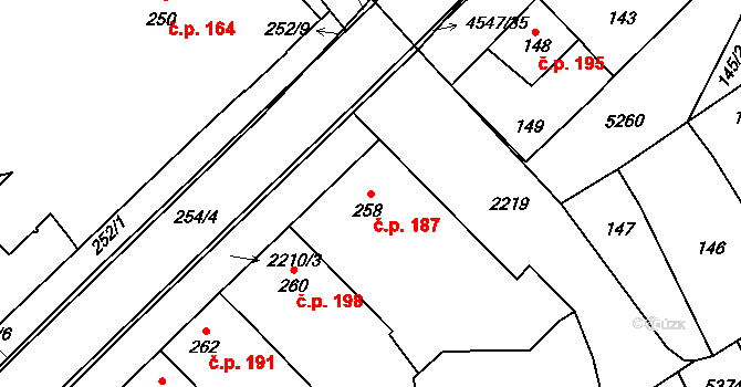 Chylice 187, Ostrožská Nová Ves na parcele st. 258 v KÚ Chylice, Katastrální mapa