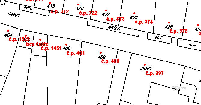 Kunovice 400 na parcele st. 458 v KÚ Kunovice u Uherského Hradiště, Katastrální mapa