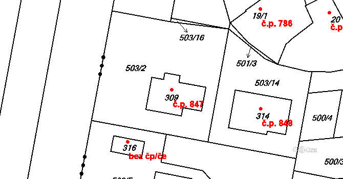 Loučany 847 na parcele st. 309 v KÚ Loučany na Hané, Katastrální mapa