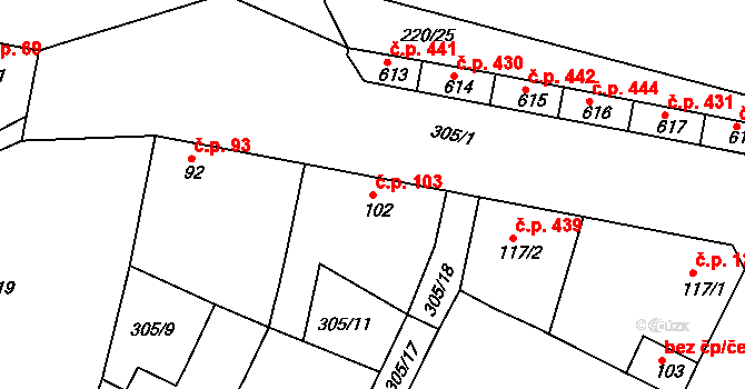 Neratovice 103 na parcele st. 102 v KÚ Neratovice, Katastrální mapa