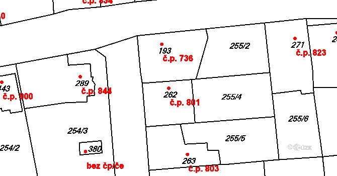 Rudná 801 na parcele st. 262 v KÚ Hořelice, Katastrální mapa