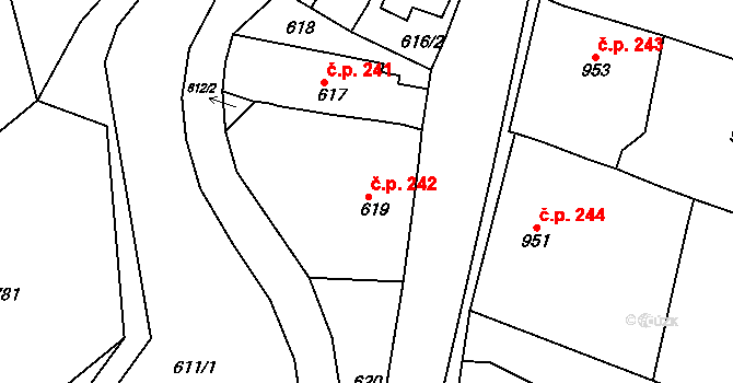 Všenory 242 na parcele st. 619 v KÚ Všenory, Katastrální mapa