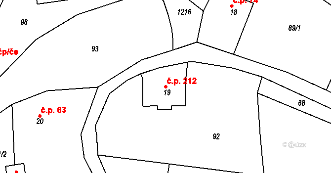 Zbečník 212, Hronov na parcele st. 19 v KÚ Zbečník, Katastrální mapa