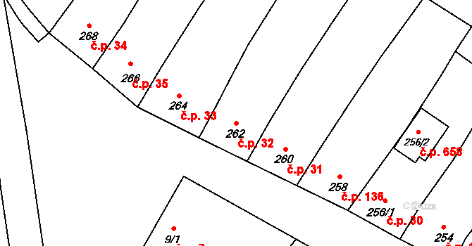 Rájec 32, Rájec-Jestřebí na parcele st. 262 v KÚ Rájec nad Svitavou, Katastrální mapa