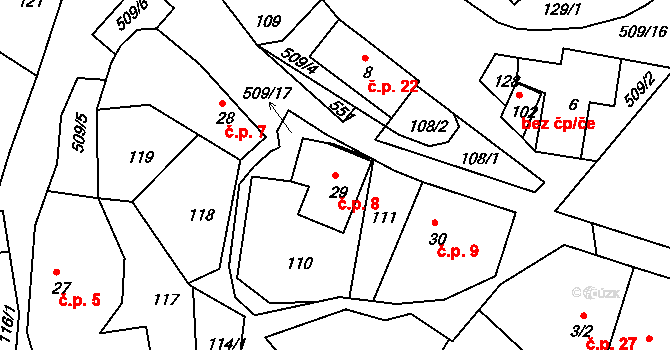 Pivonín 8, Zábřeh na parcele st. 29 v KÚ Pivonín, Katastrální mapa