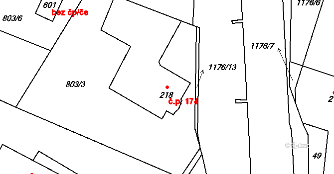 Mošnov 174 na parcele st. 218 v KÚ Mošnov, Katastrální mapa