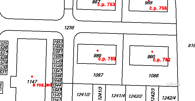 Chýně 759 na parcele st. 989/2 v KÚ Chýně, Katastrální mapa