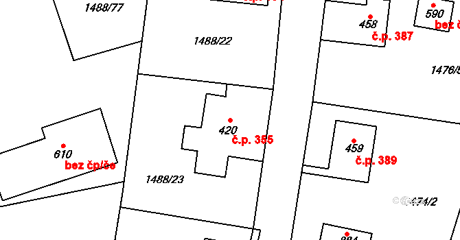 Libouchec 355 na parcele st. 420 v KÚ Libouchec, Katastrální mapa