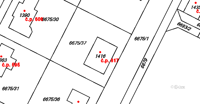 Březí 617 na parcele st. 1416 v KÚ Březí u Mikulova, Katastrální mapa