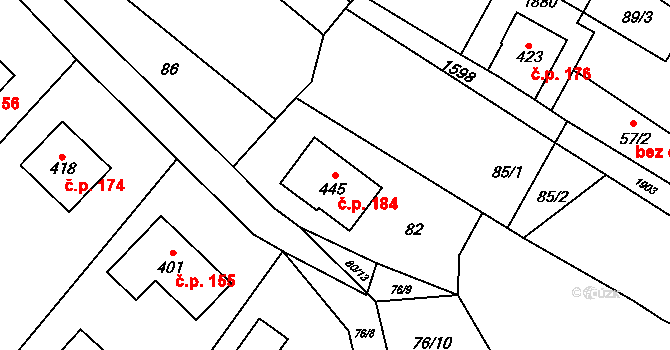 Oleška 184 na parcele st. 445 v KÚ Oleška, Katastrální mapa