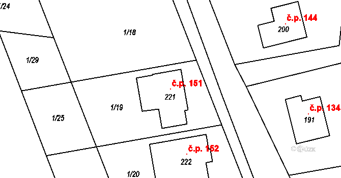 Vápenný Podol 151 na parcele st. 221 v KÚ Vápenný Podol, Katastrální mapa