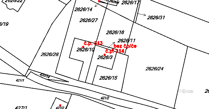 Zruč nad Sázavou 314 na parcele st. 2626/3 v KÚ Zruč nad Sázavou, Katastrální mapa