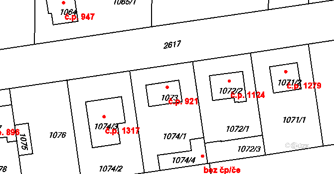 Stará Boleslav 921, Brandýs nad Labem-Stará Boleslav na parcele st. 1073 v KÚ Stará Boleslav, Katastrální mapa