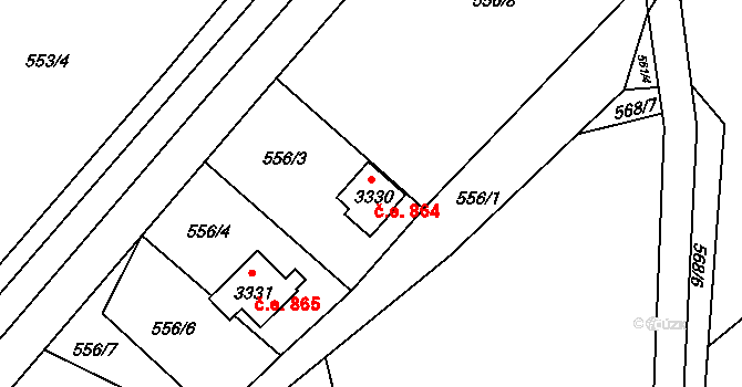 Ostravice 864 na parcele st. 3330 v KÚ Staré Hamry 2, Katastrální mapa