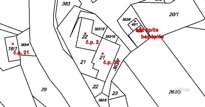 Blažov 30, Bouzov na parcele st. 21 v KÚ Blažov, Katastrální mapa