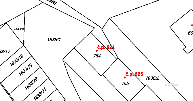 Skalice u České Lípy 524 na parcele st. 754 v KÚ Skalice u České Lípy, Katastrální mapa