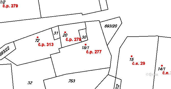 Vrbice 277, Mšené-lázně na parcele st. 18/1 v KÚ Vrbice u Mšeného-lázní, Katastrální mapa