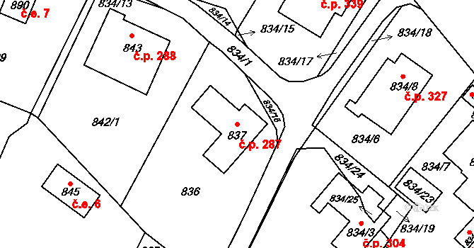 Brná 287, Ústí nad Labem na parcele st. 837 v KÚ Brná nad Labem, Katastrální mapa