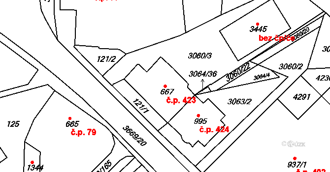 Žichlínské Předměstí 423, Lanškroun na parcele st. 667 v KÚ Lanškroun, Katastrální mapa