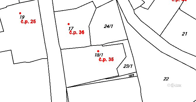 Uzeničky 35 na parcele st. 18/1 v KÚ Uzeničky, Katastrální mapa