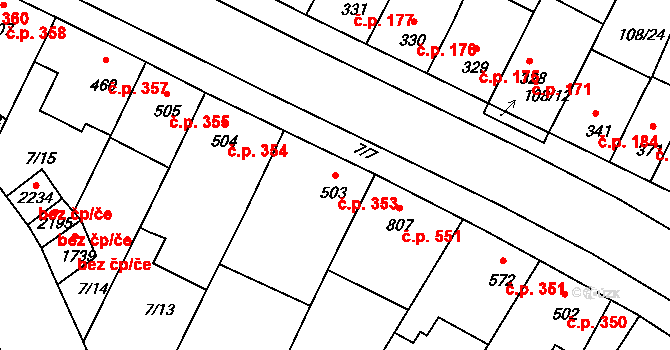 Podklášteří 353, Třebíč na parcele st. 503 v KÚ Podklášteří, Katastrální mapa
