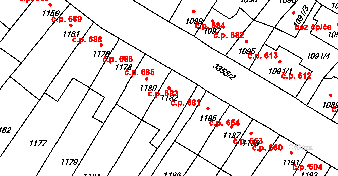 Pelhřimov 681 na parcele st. 1182 v KÚ Pelhřimov, Katastrální mapa