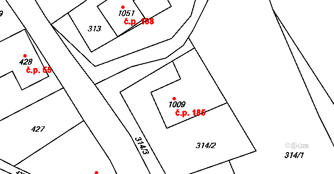 Chvaleč 185 na parcele st. 1009 v KÚ Chvaleč, Katastrální mapa
