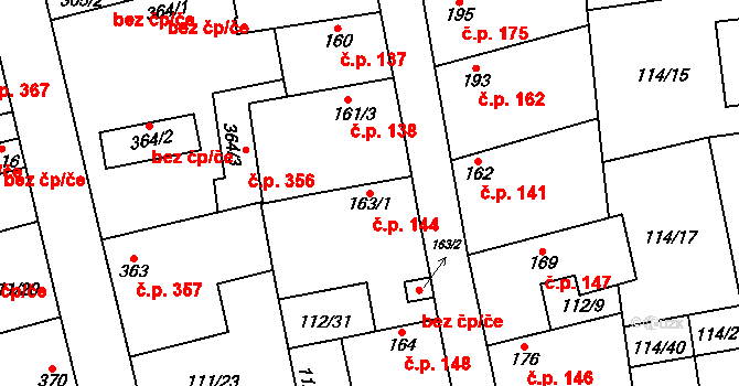 Veltrusy 144 na parcele st. 163/1 v KÚ Veltrusy, Katastrální mapa