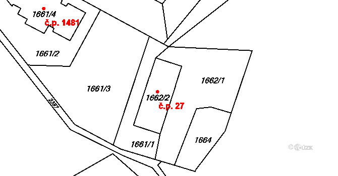 Kunratice 27, Praha na parcele st. 1662/2 v KÚ Kunratice, Katastrální mapa
