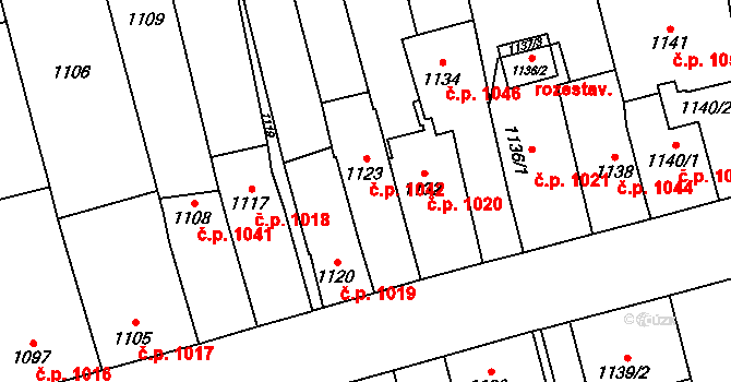 Kyje 1042, Praha na parcele st. 1123 v KÚ Kyje, Katastrální mapa
