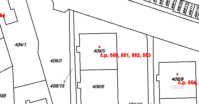 Letňany 550,551,552,553, Praha na parcele st. 406/5 v KÚ Letňany, Katastrální mapa