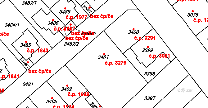 Chomutov 3279 na parcele st. 3401 v KÚ Chomutov I, Katastrální mapa