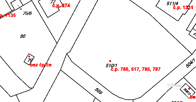 Liberec XIV-Ruprechtice 517,785,786,787, Liberec na parcele st. 510/1 v KÚ Ruprechtice, Katastrální mapa