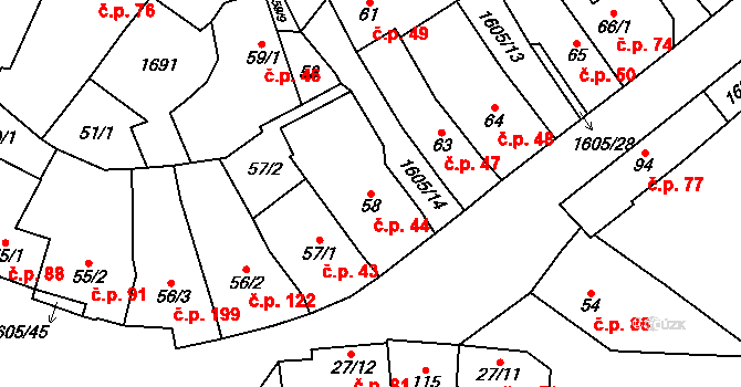 Němčice 44, Ivančice na parcele st. 58 v KÚ Němčice u Ivančic, Katastrální mapa