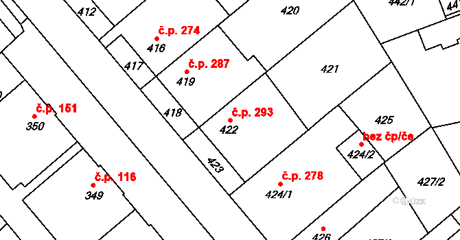 Zbýšov 293 na parcele st. 422 v KÚ Zbýšov u Oslavan, Katastrální mapa