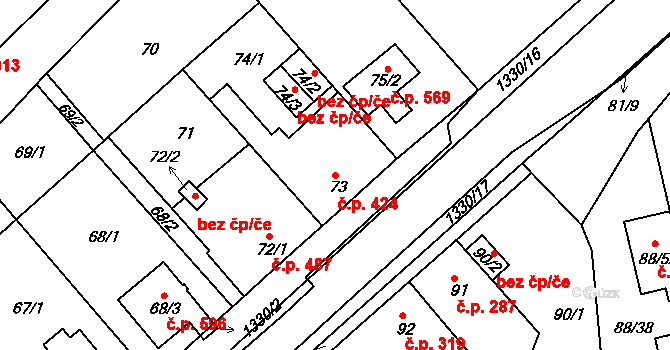 Božkov 424, Plzeň na parcele st. 73 v KÚ Božkov, Katastrální mapa