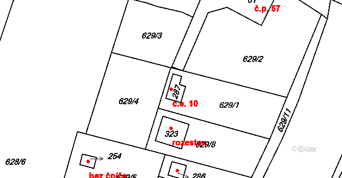 Březhrad 10, Hradec Králové na parcele st. 287 v KÚ Březhrad, Katastrální mapa