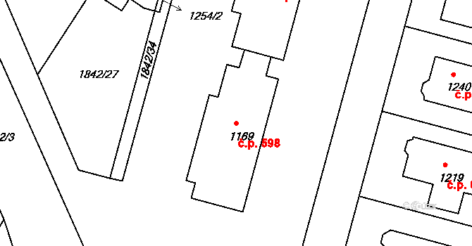 Borovany 598 na parcele st. 1169 v KÚ Borovany, Katastrální mapa
