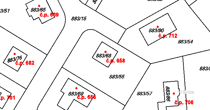Hřebeč 658 na parcele st. 883/68 v KÚ Hřebeč, Katastrální mapa