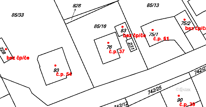 Kovářov 37, Bojanov na parcele st. 76 v KÚ Kovářov u Seče, Katastrální mapa