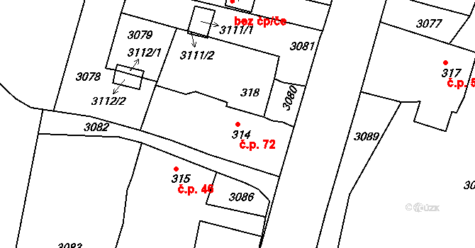 Tlucná 72, Horní Bělá na parcele st. 314 v KÚ Horní Bělá, Katastrální mapa