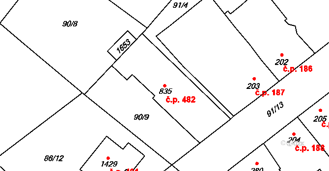 Rosice 482, Pardubice na parcele st. 835 v KÚ Rosice nad Labem, Katastrální mapa