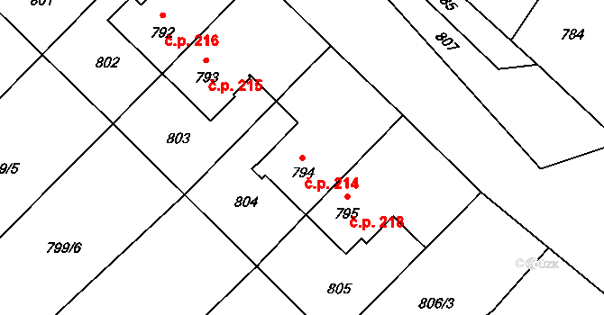 Sobotín 214 na parcele st. 794 v KÚ Sobotín, Katastrální mapa
