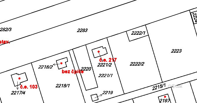 Lužice 217 na parcele st. 2221/2 v KÚ Lužice u Hodonína, Katastrální mapa