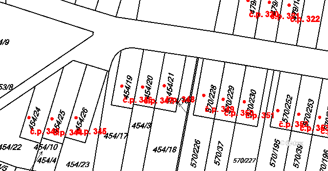Stehelčeves 348 na parcele st. 454/21 v KÚ Stehelčeves, Katastrální mapa