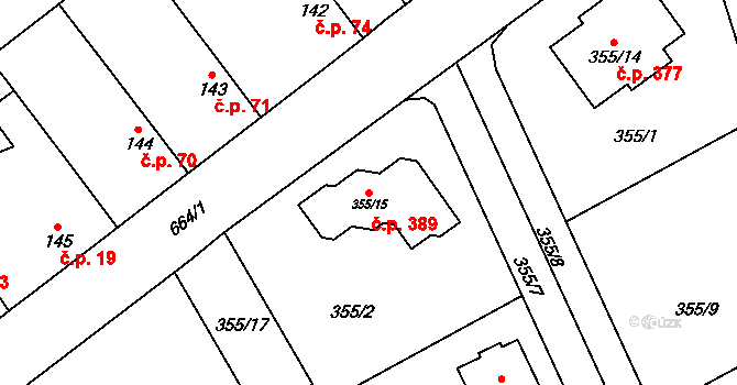 Třebestovice 389 na parcele st. 355/15 v KÚ Třebestovice, Katastrální mapa