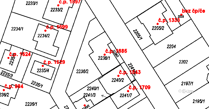 Kyje 1685, Praha na parcele st. 2238/1 v KÚ Kyje, Katastrální mapa