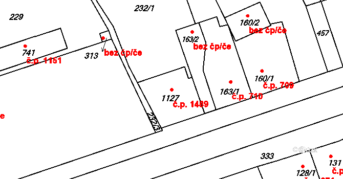 Rudná 1489 na parcele st. 1127 v KÚ Hořelice, Katastrální mapa